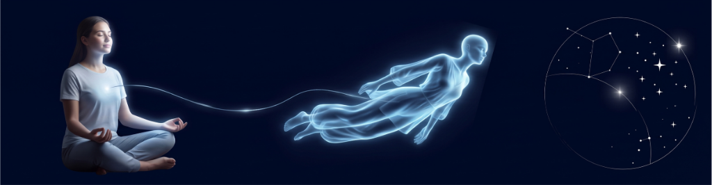 Illustration symbolique d'une sortie hors du corps : personne en méditation et représentation de la projection de conscience, sur fond étoilé