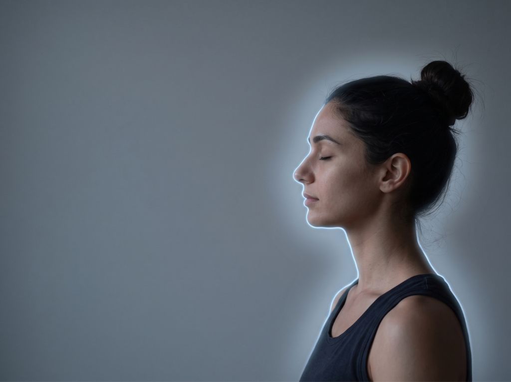 Profil d'une femme aux yeux fermés devant un mur gris, entourée d'une fine lueur bleutée, illustration de l'aura humaine