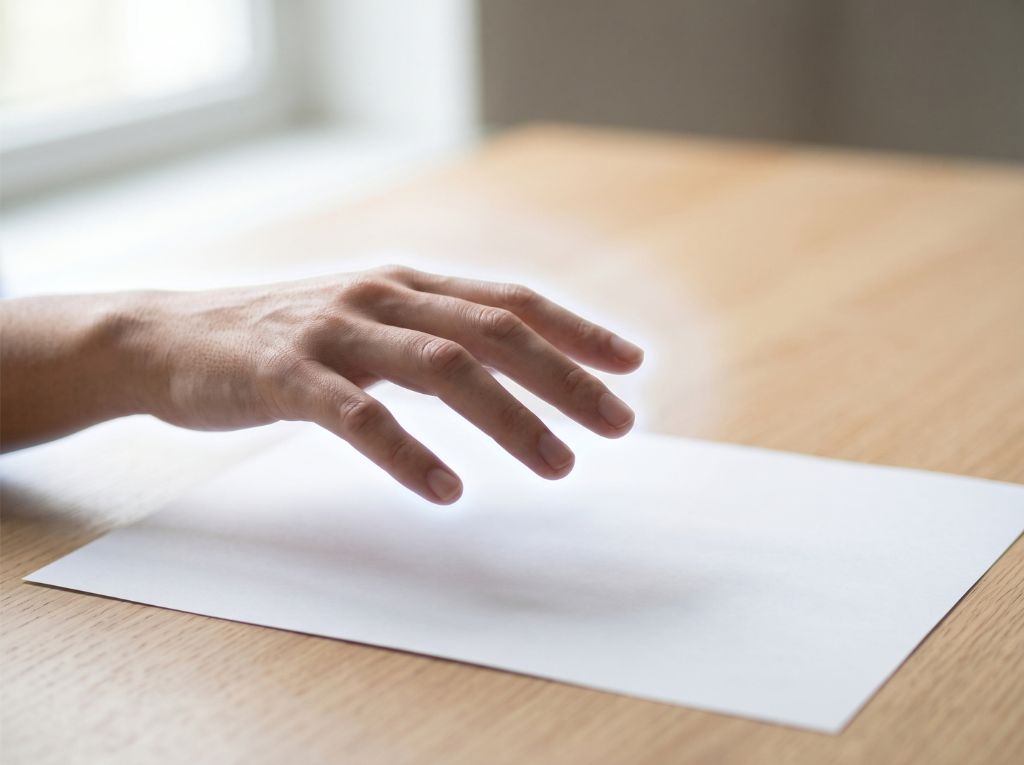 Main au-dessus d'une feuille blanche à la lumière du jour, exercice d'observation de l'aura